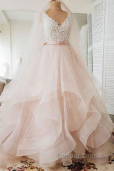 Unique v neck tulle lace long prom Dresses, tulle wedding Dresses